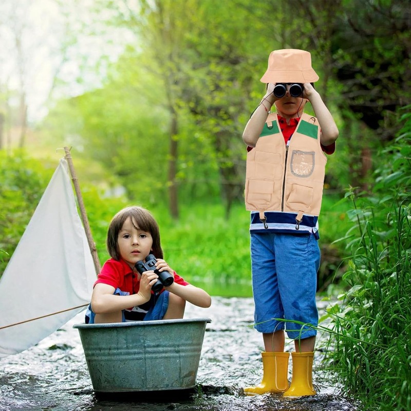 Outdoor Adventure Girl - サファリコスチューム、カーゴベストと帽子付き、男の子と女の子のための裏庭探検家ドレスアップ、公園のレンジャーごっこ遊び用アウトドアアドベンチャープレセット