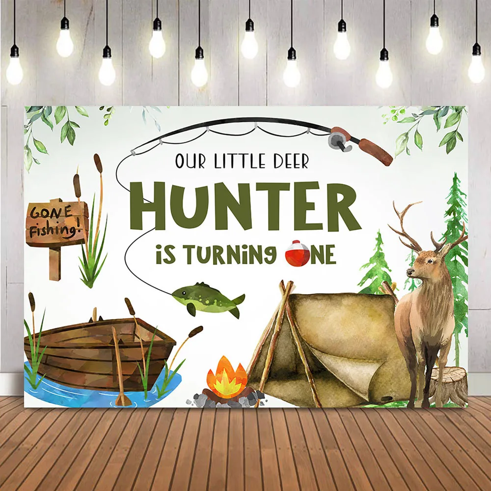 Outdoor Adventure Background - 狩猟や釣りのための誕生日の背景,鹿の魚,野外冒険,キャンプ,最初の誕生日の写真,野生の1つの誕生日のテーマ