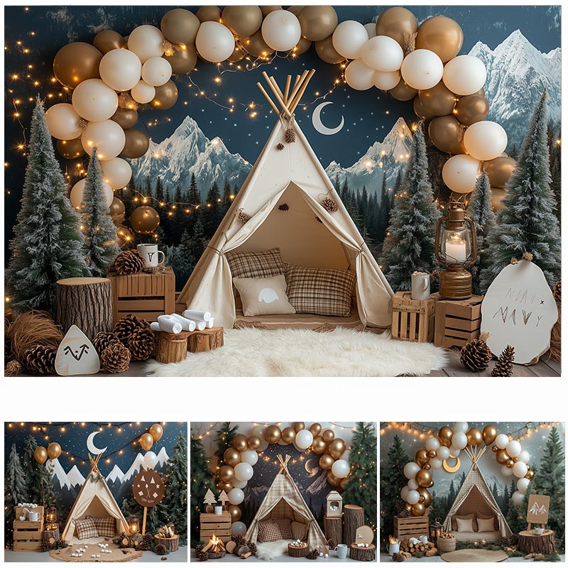 Outdoor Adventure Background - LS ナイトキャンプ写真撮影背景幕 森テント キャンプファイヤー 月背景 誕生日アドベンチャー