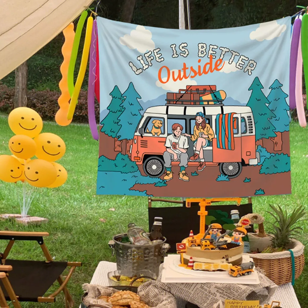 レトロなキャンピングカーテープストリー、アウトドアアドベンチ - Outdoor Adventure Background のレビューと価格