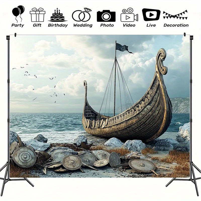 大型のバイキング冒険写真背景とパーティーバナー - 北欧の船 - Outdoor Adventure Background のレビューと価格